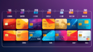 Create an image showing a timeline of the evolution of credit cards, starting from the first credit card to modern contactless cards, highlighting key milestones and innovations along the way. Each card on the timeline should visually represent its era and features.