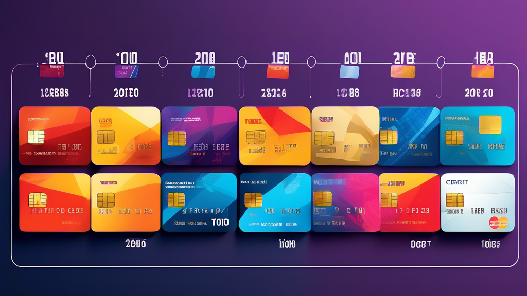 Create an image showing a timeline of the evolution of credit cards, starting from the first credit card to modern contactless cards, highlighting key milestones and innovations along the way. Each card on the timeline should visually represent its era and features.