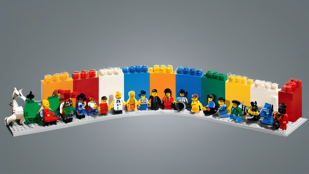 Create an image showcasing a timeline of LEGO sets from the earliest designs to the most recent, capturing the evolution and innovation in their design and complexity over the years. Each stage should be visually distinct, highlighting key milestones in the history of LEGO sets.