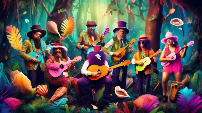 Create an image of a whimsical ukulele orchestra performing in a magical forest setting, with each ukulele made from unique and unexpected materials such as seashells, feathers, and neon lights. The musicians are dressed in colorful and eclectic outfits, creating a vibrant and sensational scene that captures the essence of the fascination and uniqueness of the ukulele instrument.