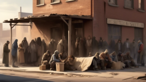 Create an image depicting the concept of the first homeless shelter, set in the late 19th century. The scene should show a group of people gathered outside a small, modest building with a sign that reads Shelter for the Homeless. The building should be simple, made of wood and bricks, and surrounded by a dusty, bustling street filled with individuals in tattered clothing seeking refuge. The mood of the image should convey a sense of hope and community coming together to address the issue of homelessness for the first time.