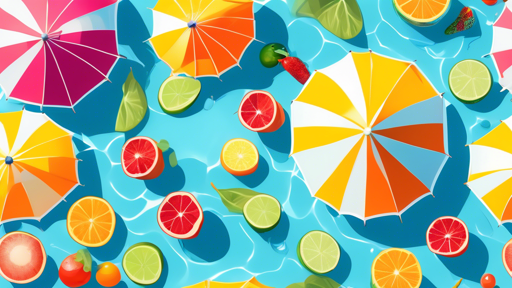 Create an image of a variety of fruits and vegetables submerged in a crystal clear pool of water, surrounded by colorful umbrellas and lounge chairs, with the sun shining brightly overhead, to illustrate the health benefits of water in promoting hydration and overall well-being.