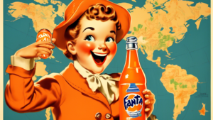 Create an image of a historical advertisement for Fanta from the 1940s, featuring a whimsical cartoon character enjoying a bottle of the orange soda, set against a backdrop of a world map symbolizing its global success today.