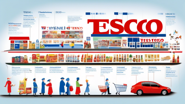 Create an image of a timeline showcasing the evolution of Tesco from its humble beginnings to becoming a retail giant. Include key milestones like the opening of the first store, expansion into new markets, introduction of innovative concepts, and any other significant events that contributed to its success. The timeline should visually represent the growth and transformation of Tesco over the years.