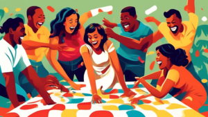 Create an image of a group of diverse people playing Twister at a party, laughing and contorting their bodies in various positions, showcasing the fun and playful nature of the classic game.