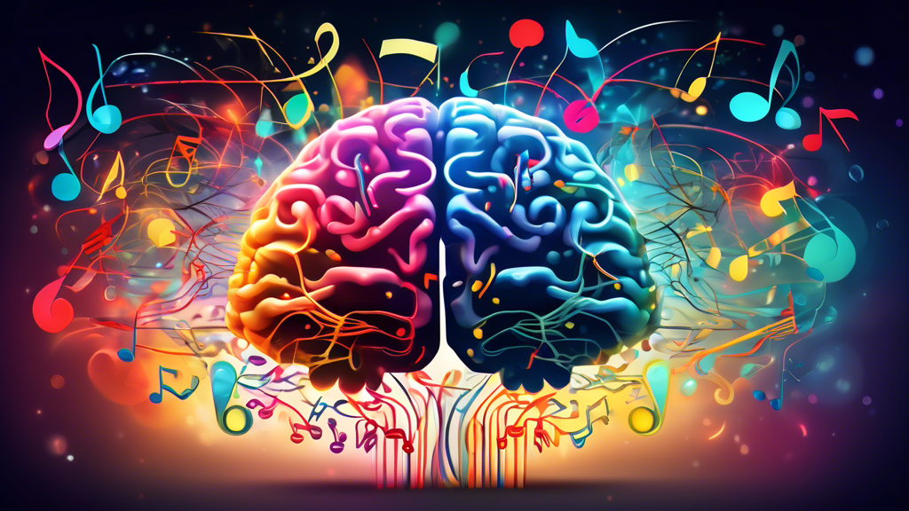 Create an image of a human brain filled with classical music notes and symbols, surrounded by colorful neurons firing in response to the music. The left side of the brain is illuminated with a soft glow, showcasing the areas responsible for cognitive functions and the right side showing the emotional and creative impact of classical music.