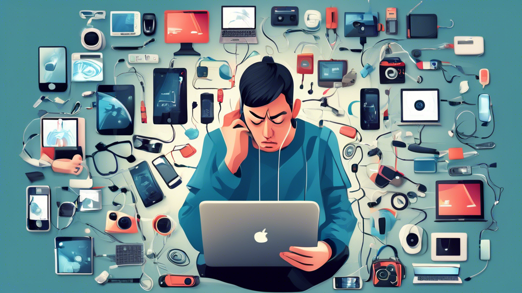 Create an image of a person surrounded by various modern gadgets and devices, visibly overwhelmed and stressed, showcasing the potential negative impact of technology on health. The person is depicted with a tired and fatigued expression, surrounded by smartphones, tablets, smart watches, and laptops, symbolizing the mental and physical strain caused by excessive technology use. The image conveys the message of the detrimental effects that constant connectivity and reliance on technology can have on our well-being.