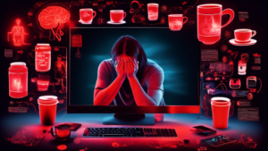 Create an image of a person with dark circles under their eyes, struggling to stay awake in front of a computer screen, surrounded by coffee cups and energy drink cans. Show various parts of the body highlighted with glowing red to symbolize the negative effects of sleep deprivation, such as a foggy brain, sluggish digestive system, weakened immune system, and overall exhaustion.
