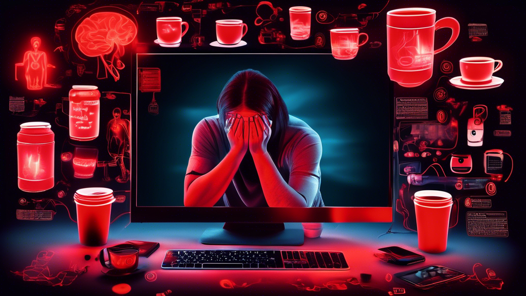 Create an image of a person with dark circles under their eyes, struggling to stay awake in front of a computer screen, surrounded by coffee cups and energy drink cans. Show various parts of the body highlighted with glowing red to symbolize the negative effects of sleep deprivation, such as a foggy brain, sluggish digestive system, weakened immune system, and overall exhaustion.