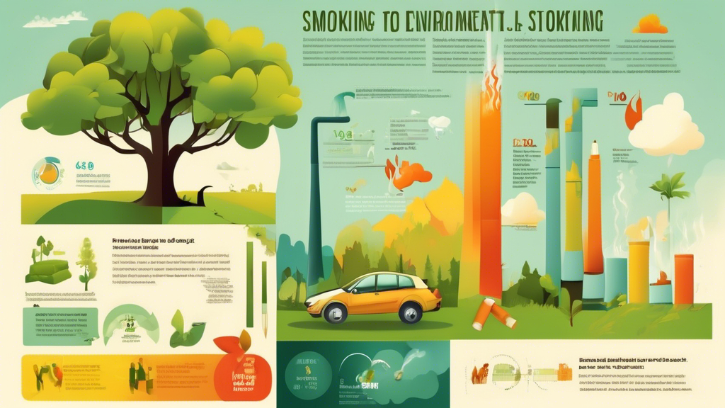 Create an infographic showcasing the environmental impact of smoking, including deforestation, air pollution, and littering. Include visuals such as a cigarette butt in nature, smog-filled skies, and trees being cut down for tobacco cultivation. Display statistics on the carbon footprint of smoking and its contribution to pollution.