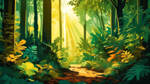 Create an image of a lush forest with sunlight streaming through the canopy, casting dappled shadows on the forest floor. Show various plants and creatures basking in the warm glow of the sun, illustrating the influence of sunlight on the thriving ecosystem.