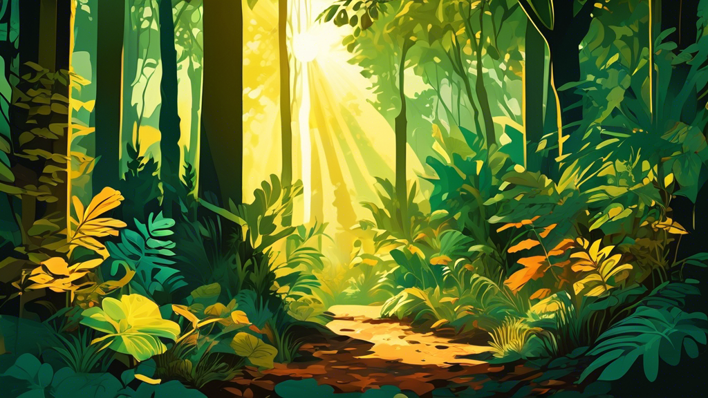 Create an image of a lush forest with sunlight streaming through the canopy, casting dappled shadows on the forest floor. Show various plants and creatures basking in the warm glow of the sun, illustrating the influence of sunlight on the thriving ecosystem.