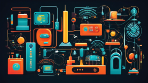 Create an image of a modern, sleek WiFi router surrounded by various historical inventions such as early telegraph machines, rotary telephones, and computers from different decades. Show a progression of technological advancement leading up to the invention of WiFi, symbolizing the evolution of communication technology throughout history.
