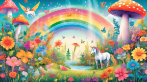 Create an image of a whimsical garden filled with vibrant rainbow-colored flowers and a sparkling rainbow arcing overhead. Include playful details like butterflies fluttering around, a unicorn grazing peacefully, and a small fairy peeking out from behind a colorful mushroom. Capture the magic and wonder of rainbows in a magical outdoor scene.