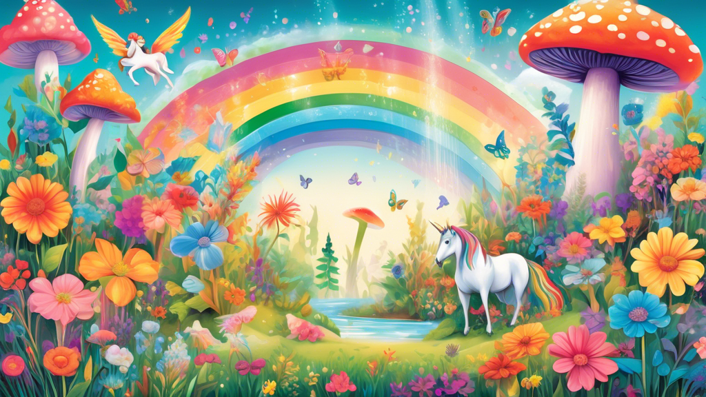 Create an image of a whimsical garden filled with vibrant rainbow-colored flowers and a sparkling rainbow arcing overhead. Include playful details like butterflies fluttering around, a unicorn grazing peacefully, and a small fairy peeking out from behind a colorful mushroom. Capture the magic and wonder of rainbows in a magical outdoor scene.