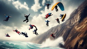 Create an image of a group of extreme sports enthusiasts engaging in the most dangerous extreme sports, such as base jumping, big wave surfing, and wingsuit flying, all in a single action-packed scene. Each person should be shown in the middle of their respective sport, surrounded by dramatic landscapes and elements that highlight the intense nature of the activity. The image should convey a sense of adrenaline, thrill, and risk-taking that is synonymous with extreme sports.