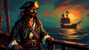 Create an image of a pirate with a rugged appearance standing on the deck of a ship at dusk. The pirate is wearing a classic eyepatch over one eye, gazing out into the horizon with a sense of mystery and intrigue. The image should capture a sense of adventure and curiosity, hinting at the reason behind why pirates wore eyepatches.