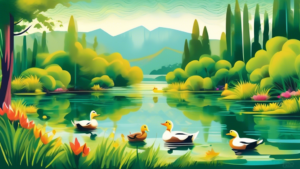 Create an image of a serene pond surrounded by lush greenery, with a group of ducks quacking loudly. Their quacks reverberate off the nearby mountains, creating a mesmerizing echo effect. The scene captures the mystery and wonder of ducks quacking and echoes in nature.