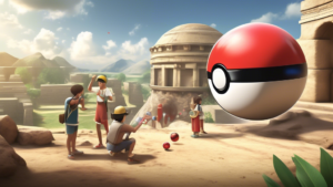 Create an image of an ancient civilization discovering and crafting the first pokeballs, showcasing the ingenuity and cultural significance of this invention. The scene should depict a group of people observing a pokeball being used for the first time, with symbols of technology and innovation surrounding them. Let the image capture the moment of wonder and excitement as this groundbreaking tool is introduced to the world.
