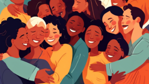 Create an image of a diverse group of people engaging in a group hug, showcasing the power of human connection and the health benefits of hugging. Include individuals of different ages, ethnicities, and genders coming together in a warm and comforting embrace. The scene should convey a sense of joy, comfort, and unity among the group.