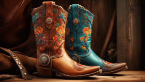 Create an image of a pair of exquisite, handcrafted cowboy boots with intricate stitching, embellishments, and high-quality leather. Display the boots against a backdrop of a rustic, western-inspired setting to capture the essence of luxury western footwear.