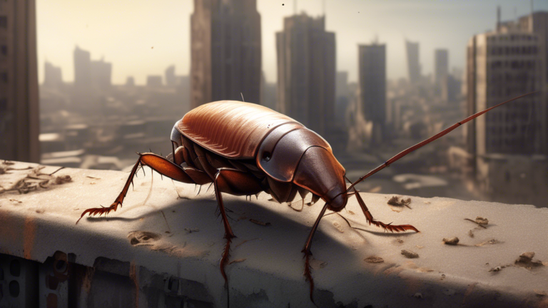 A detailed illustration of a small, unyielding cockroach standing resiliently amid a post-apocalyptic cityscape, demonstrating its survival against all odds.