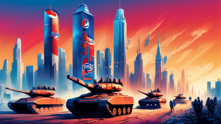 Create an image of a futuristic cityscape where towering skyscrapers are adorned with Pepsi logos alongside military tanks and soldiers marching in formation, showcasing Pepsi's transformation from a soda company to the sixth largest military force.