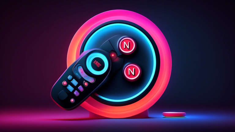 Create an image of a futuristic remote control with a prominent Netflix and Chill button glowing in the center, surrounded by sleek, modern design elements. The background should be dark with subtle hints of a cozy living room setting to emphasize the idea of relaxation and entertainment.