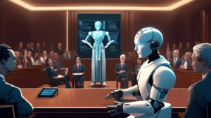 Create an image showing a futuristic courtroom scene where a humanoid robot lawyer is presenting arguments to a judge. The robot appears confident and intelligent, surrounded by digital screens displaying data and information related to the case. The judge, dressed in traditional robes, listens attentively while a diverse jury of people and robots observe the proceedings. The setting is sleek and modern, with a mix of human and artificial intelligence working together to administer justice.