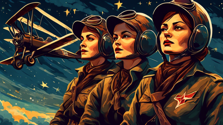 Create an image of a group of fierce and determined Soviet female pilots from World War II, known as the Night Witches, flying their iconic wooden biplanes through the night sky on a covert mission. Capture the bravery and strength of these women warriors as they outmaneuver enemy forces in the darkness, with the starry night sky as their backdrop.