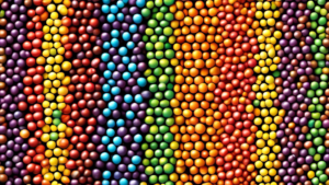 Create an image of a rainbow made entirely of Skittles candy, with each color of Skittle forming a different layer of the rainbow. The rainbow should be vibrant and appetizing, showcasing the colorful and flavorful nature of Skittles.