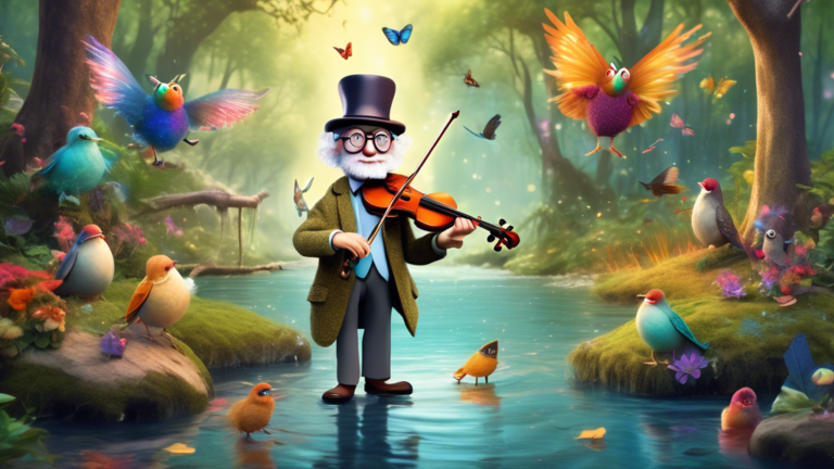 Create an image of a whimsical character named Uncle Wiggly Wings, a charming old man with butterfly wings, playing a violin by a sparkling creek in a lush forest while colorful birds sing along. Uncle Wiggly Wings is wearing a top hat, a tweed coat patched with different fabrics, and oversized round spectacles, exuding a sense of magic and wonder. The scene captures the enchanting essence of the tale in a dreamlike setting.