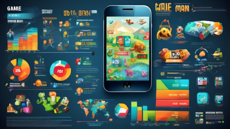 Create an infographic illustration showcasing various statistics and insights about mobile games. Include elements like colorful graphs, mobile devices with different game genres on their screens, player demographics, popular game titles, and icons representing in-game purchases and social features. Make the design visually appealing and informative to captivate viewers' attention and present data in a clear and engaging way.
