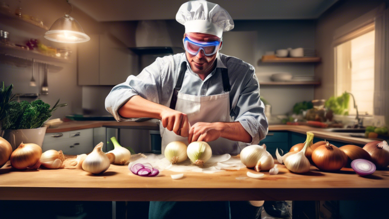 Create an image of a person confidently and skillfully chopping onions in a well-ventilated kitchen, wearing a pair of protective goggles and with a fan blowing away the onion vapors. Display various tips and tricks around the person, such as using a sharp knife, chilling the onions, or soaking them in water before chopping, to avoid tears while cutting onions. The scene should showcase a calm and tear-free chopping experience.