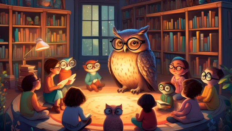 An illustration of a cozy library setting where a diverse group of children and animals are sitting in a circle, listening intently as a wise old owl, wearing glasses and standing on a small ladder, reads a magical, oversized book to them, with soft, warm light filtering through the windows illuminating the enchanted, colorful pages.