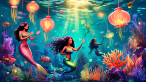 A vibrant underwater celebration with mermaids of various cultures gathering around a coral reef, decorated with colorful seaweed and bioluminescent lanterns, marking International Mermaid Day.