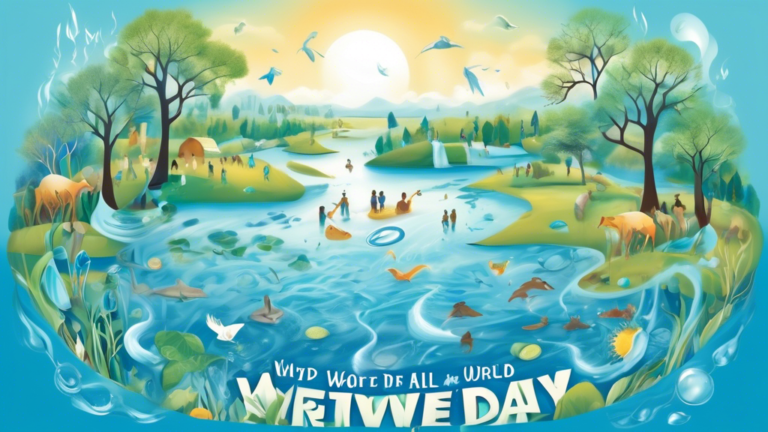 An ethereal scene of diverse communities and wildlife from around the globe coming together to celebrate World Water Day, with vibrant visuals of clean, flowing rivers, water conservation activities, and the planet Earth gently cradled in a water droplet, all under a banner reading 'World Water Day' in elegant script.