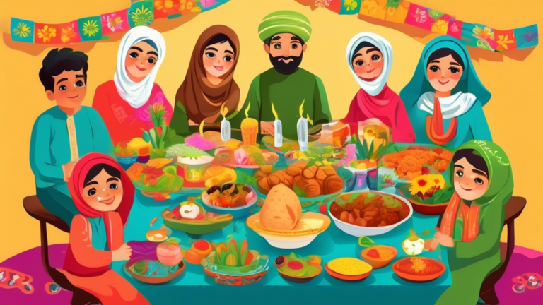 A vibrant illustration of families around the world celebrating International Day of Nowruz with traditional foods, colorful decorations, and a symbolic Haft-Seen table setup, showing unity and diversity.