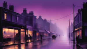 Create an evocative digital painting of a quiet, early morning street scene shrouded in gentle mist, with various shops closed and streets empty, under a soft, purplish pre-dawn sky, symbolizing reflection and tranquility on Black Saturday.