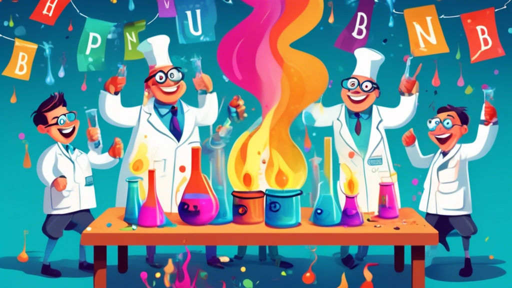 a whimsical laboratory celebration with animated scientists dancing around colorful bunsen burner flames, with banners saying 'Happy National Bunsen Burner Day' in the background, all in a playful, cartoon style