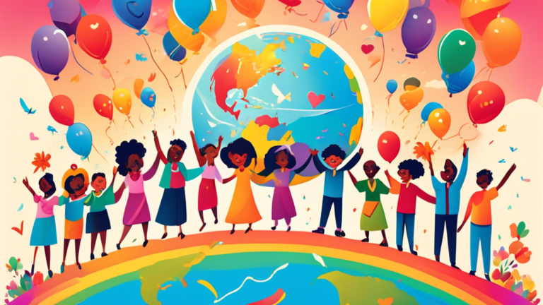 A colorful, vibrant illustration of a diverse group of people from various cultures around the world holding hands and forming a circle around a globe, all smiling and releasing balloons into a sky filled with rainbows, hearts, and doves, in celebration of International Day of Happiness.