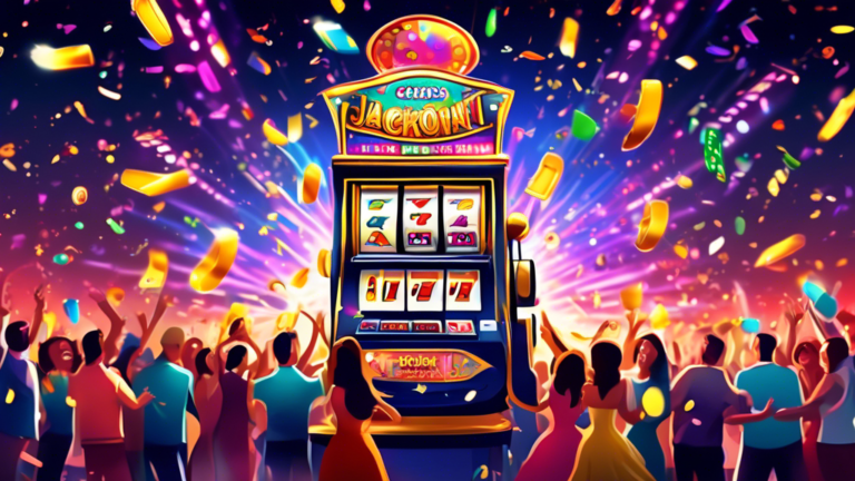 Create an image of a larger-than-life slot machine displaying flashing lights and jackpot numbers reaching astronomical heights, surrounded by excited and amazed casino-goers. The scene should capture the thrilling moment of hitting the top slot machine jackpots of all time, with money raining down and confetti filling the air.