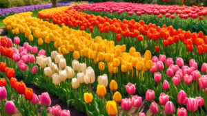 Create an image of a whimsical garden scene filled with colorful tulips in various shapes and sizes. Include fun facts about tulips woven throughout the image, such as Did you know tulips come in over 3,000 different varieties? and Tulips were once more valuable than gold in 17th-century Holland! Bring the beauty and intrigue of tulips to life in a vibrant and educational composition.