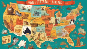Create an image of a colorful, whimsical map of the United States with cartoonish illustrations depicting bizarre state laws, such as a ban on wearing hats indoors in one state and a requirement for all cats to wear leashes in another state. The map should be filled with humorous and exaggerated visuals that represent each absurd law, making it a playful and eye-catching representation of the unbelievable state laws described in the article.