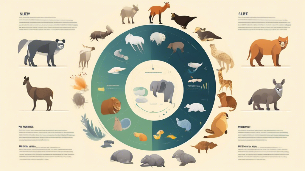 Create an infographic illustrating the different sleep patterns and habits of various animals, showcasing how different species sleep in diverse ways. Each section of the infographic should include a visual representation of the animal, its typical sleep duration, preferred sleeping environment, and any interesting sleep behaviors unique to that species. The design should be colorful, engaging, and informative to help viewers understand the fascinating world of animal sleep.