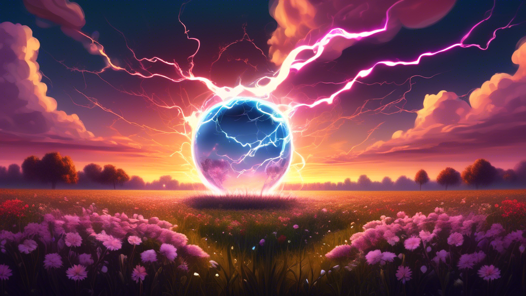 Create an image of a serene and surreal landscape with a fantastical element of ball lightning floating above a field of flowers at sunset. The scene should evoke a sense of wonder and mystery surrounding this unusual natural phenomenon.