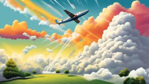 Create an image of a picturesque landscape with clouds gathering in the sky, showcasing the process of cloud seeding in action. Include an airplane dispersing seeding agents into the clouds, with the sun peaking through, symbolizing the phenomenon of cloud seeding for weather modification.