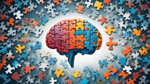 Create an image of a human brain with a puzzle missing a piece, symbolizing the concept of understanding depression and the key facts needed to complete the picture. The brain should be depicted in a stylized, abstract way to emphasize the complexity and mystery of the condition. Surround the brain with scattered puzzle pieces representing the various aspects and components that contribute to our understanding of depression. The overall mood of the image should be introspective and thought-provoking.
