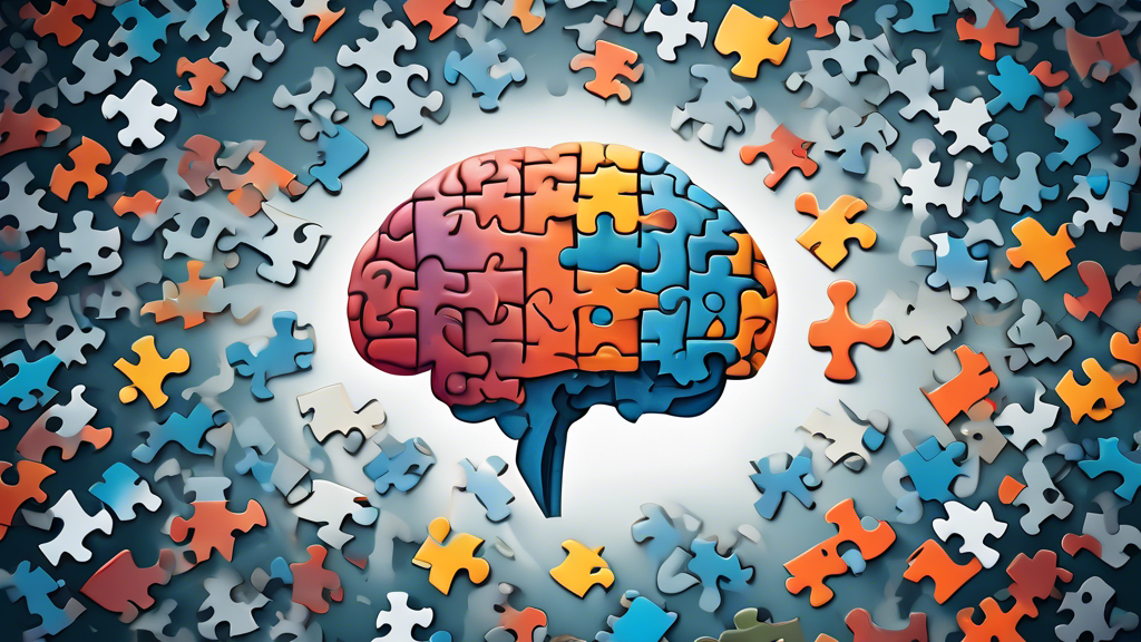 Create an image of a human brain with a puzzle missing a piece, symbolizing the concept of understanding depression and the key facts needed to complete the picture. The brain should be depicted in a stylized, abstract way to emphasize the complexity and mystery of the condition. Surround the brain with scattered puzzle pieces representing the various aspects and components that contribute to our understanding of depression. The overall mood of the image should be introspective and thought-provoking.