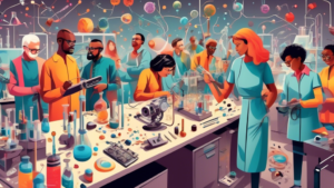 Create an illustration of a diverse group of people conducting experiments and observing magnetic fields in a laboratory setting, with various magnets, iron filings, and scientific equipment scattered around. The image should capture the essence of curiosity and discovery in understanding magnets.